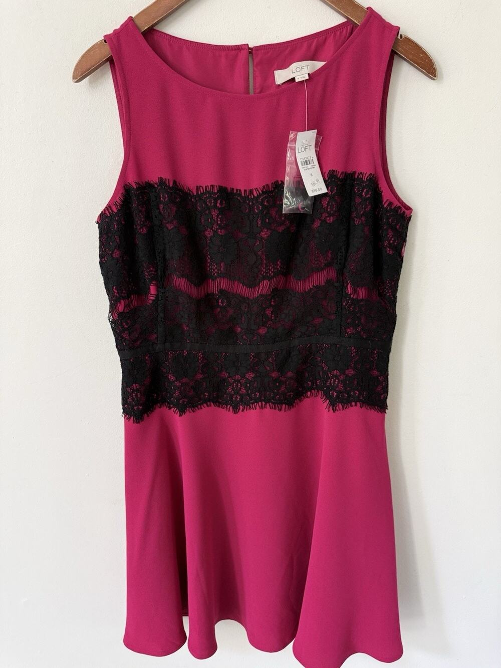 Ann Taylor Loft Fit Flare Lace Panel Dress Size 8 Hot Pink Sleeveless Midi New
